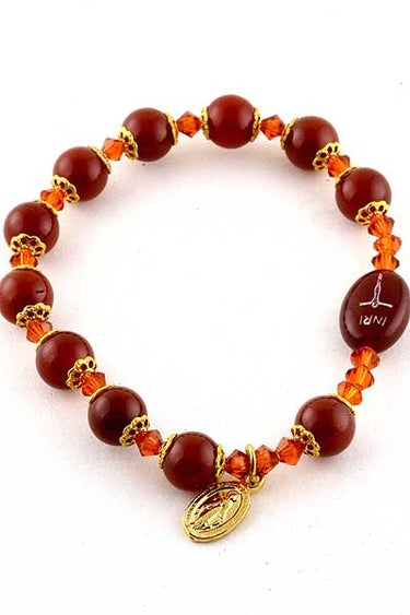 Red Onyx Stone Catholic Bracelet | 7mm Beads | Gold-Tone Caps | Stretchable | RosaryCard