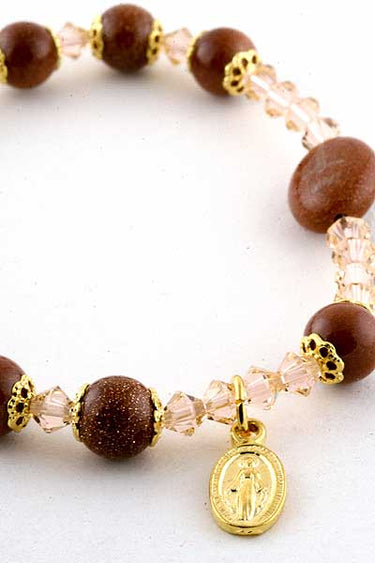 Red Desert Stone Catholic Bracelet | 7mm Beads | Gold-Tone Caps | Stretchable | RosaryCard