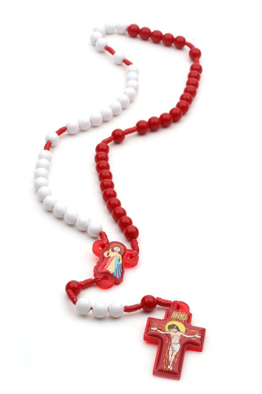 Divine Mercy Child Catholic Rosary with 7mm white and red beads on durable cord, 15 inch length with acrylic crucifix