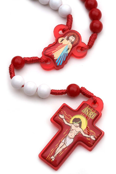 Divine Mercy Child Catholic Rosary with 7mm white and red beads on durable cord, 15 inch length with acrylic crucifix