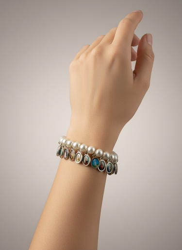 White Faux Pearl Catholic Stretch Bracelet | Religious Medal Charm | Single-Strand | One Size | RosaryCard
