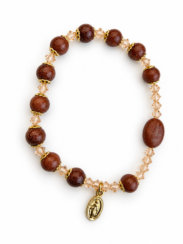 Red Onyx Stone Catholic Bracelet | 7mm Beads | Gold-Tone Caps | Stretchable | RosaryCard