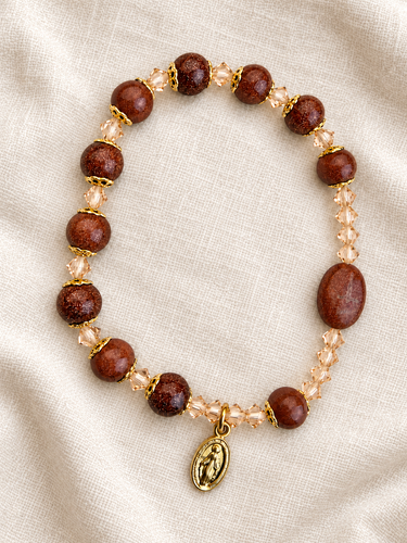 Red Onyx Stone Catholic Bracelet | 7mm Beads | Gold-Tone Caps | Stretchable | RosaryCard