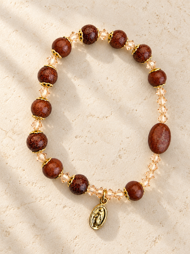 Red Onyx Stone Catholic Bracelet | 7mm Beads | Gold-Tone Caps | Stretchable | RosaryCard