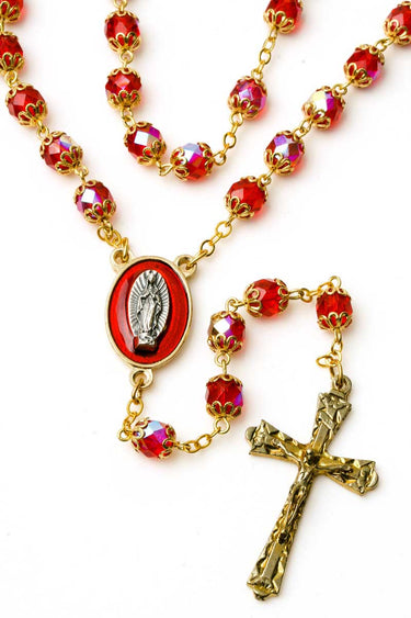 Our Lady of Guadalupe Rosary | 7mm Red Iridescent Glass | Double-Cap Beads | Gold Finish | RosaryCard