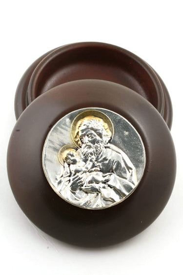 Wood Catholic Rosary Box with St. Joseph Icon | 3.5" Diameter | Handcrafted in Poland