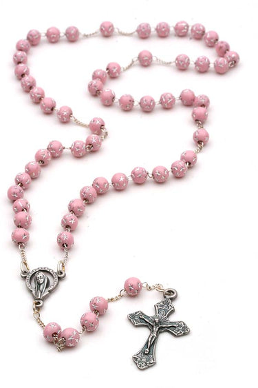 Pink children's Catholic rosary for girls with 5mm pink beads decorated with silver stars, pewter crucifix and center, in gift box