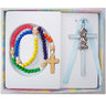 Multicolor Catholic kiddie rosary set with blue enamel cross on ribbon for baby boy baptism gift