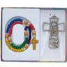Multi-color wooden Guardian Angel rosary set for kids with pewter cross and white cord in gift box