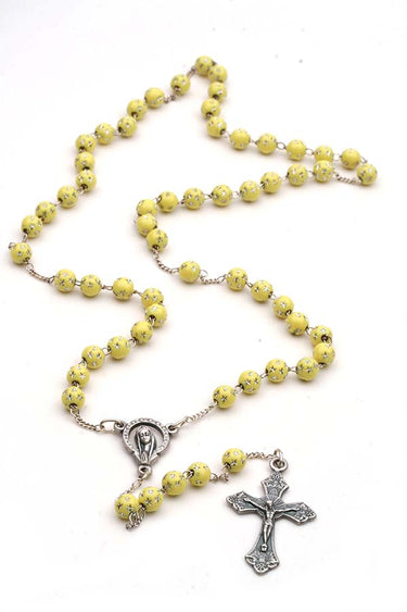 Yellow children's Catholic rosary for girls with 5mm yellow beads decorated with silver stars, chain-link construction, in gift box