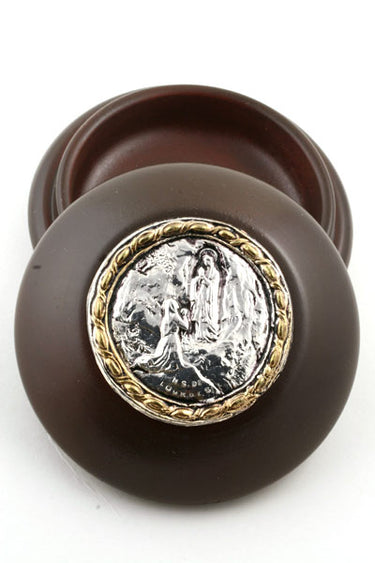 Wood Lourdes Rosary Box | 3.5" Diameter | Handcrafted in Poland with Silver Icon