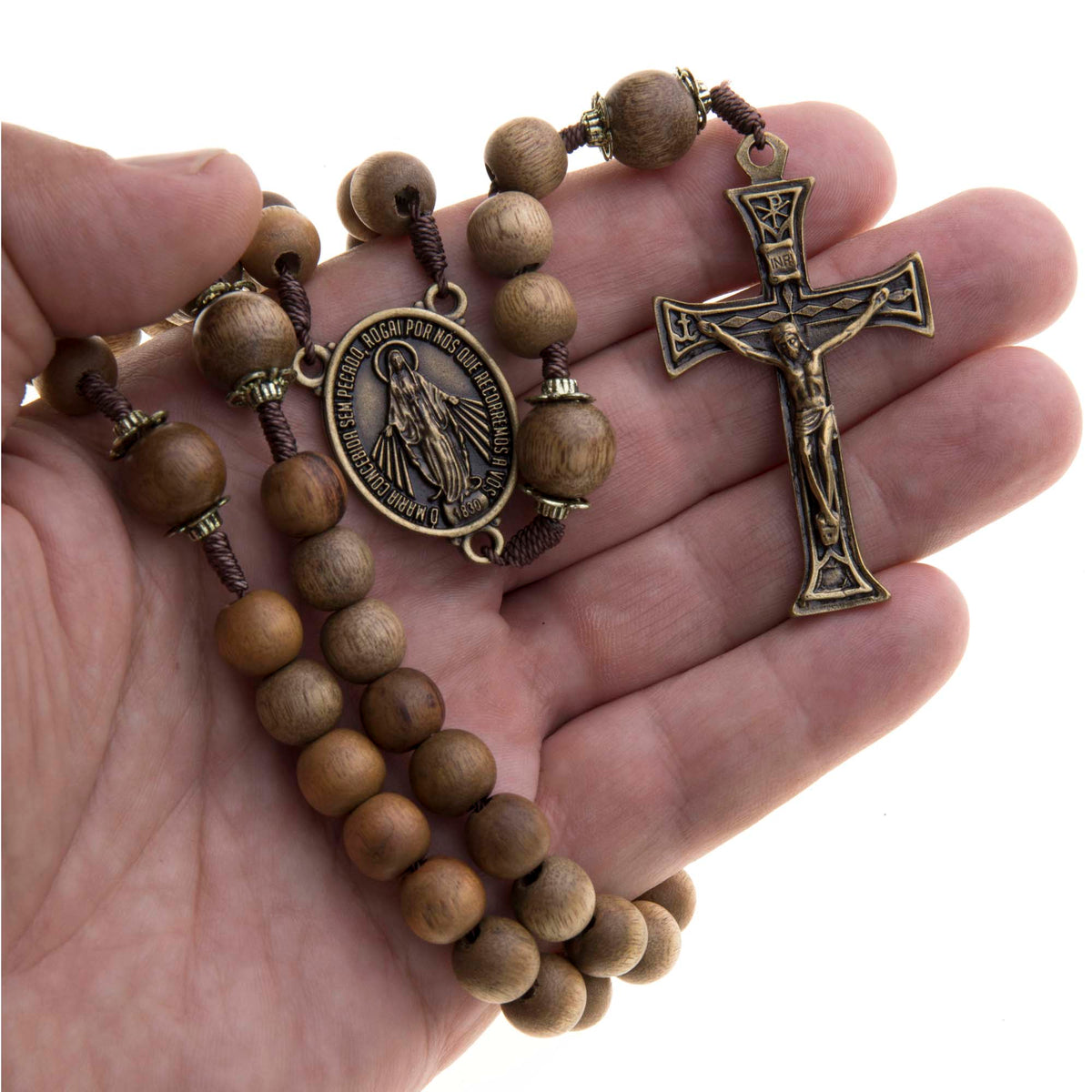Iconeum Brown Wood Catholic Rosary Beads – Strong Cord, Miraculous Center, 18″