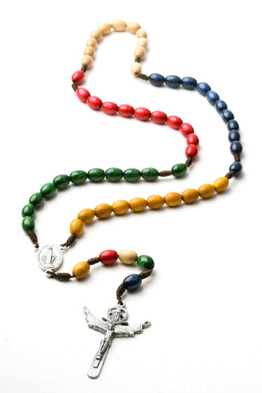 Large 20 inch missionary wood rosary with 10mm colored beads, oxidized Holy Ghost crucifix, and Sacred Heart center