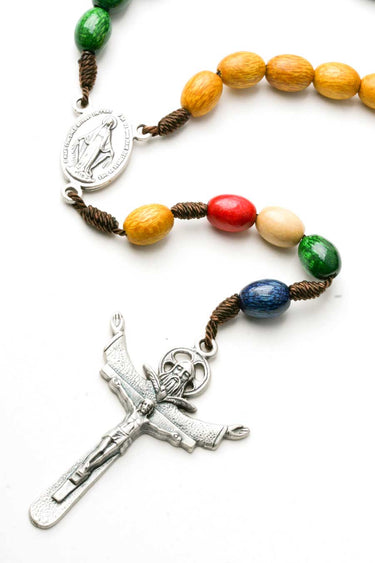 Large 20 inch missionary wood rosary with 10mm colored beads, oxidized Holy Ghost crucifix, and Sacred Heart center