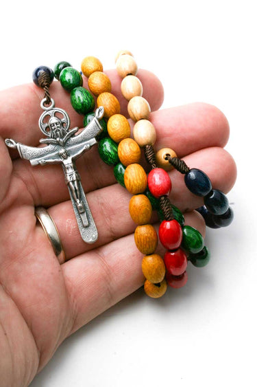 Large 20 inch missionary wood rosary with 10mm colored beads, oxidized Holy Ghost crucifix, and Sacred Heart center