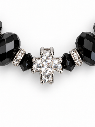 Black Onyx Cross Catholic Bracelet | 10mm Beads | Crystal Cross | Stretchable | RosaryCard