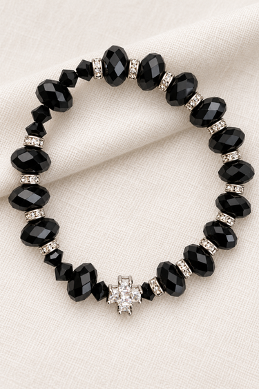 Black Onyx Cross Catholic Bracelet | 10mm Beads | Crystal Cross | Stretchable | RosaryCard