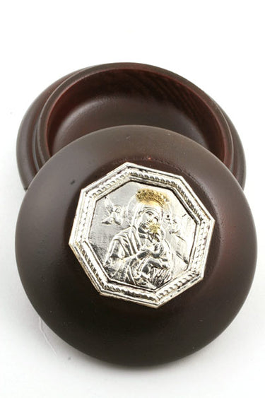 Wood Perpetual Help Rosary Box | 3.5" Diameter | Silver Icon | Handcrafted in Poland