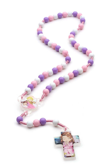 Pink and purple Catholic child rosary beads on cord with acrylic crucifix for girls first communion gift