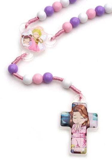 Pink and purple Catholic child rosary beads on cord with acrylic crucifix for girls first communion gift