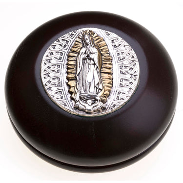 Wood Catholic Rosary Box | Our Lady of Guadalupe Icon | 3.5" Diameter | Made in Poland