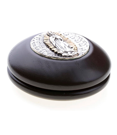 Wood Catholic Rosary Box | Our Lady of Guadalupe Icon | 3.5" Diameter | Made in Poland