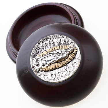 Wood Catholic Rosary Box | Our Lady of Guadalupe Icon | 3.5" Diameter | Made in Poland