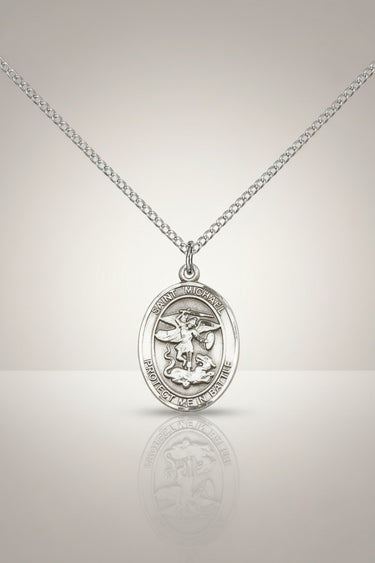 Rosarycard Sterling Silver St. Michael medal necklace with 18" chain, featuring detailed relief of St. Michael defeating a dragon.