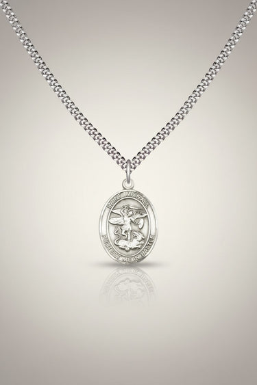 Rosarycard Sterling Silver St. Michael medal necklace with 24" curb chain. Features St. Michael slaying a dragon.