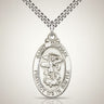Rosarycard Sterling Silver St. Michael medal necklace, oval shape with detailed St. Michael figure and inscription "Protect Me In Battle".