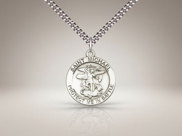 Rosarycard Sterling Silver St. Michael Archangel medal necklace, 1" x 7/8", with 24" chain. Depicts St. Michael defeating Satan.
