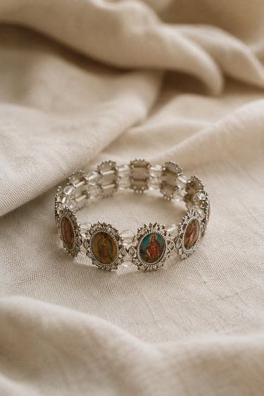 Pulsera de santos católicos de metal | Cuentas negras | Elástica | Tarjeta de Rosario
