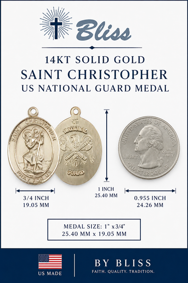 Saint Christopher 14KT solid gold US National Guard Medal by Bliss with size and material details.