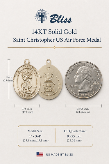Saint Christopher solid gold US Air Force Medal with dimensions and Bliss branding