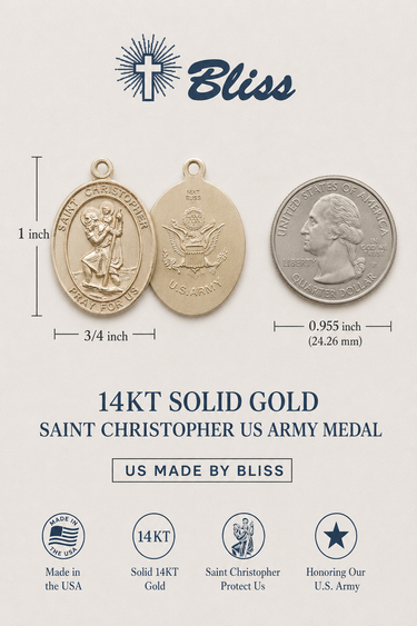 14kt Solid Gold St. Christopher Patron Saint Medal Pendant | 1 x 3/4 | US Army