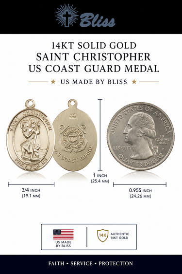 Saint Christopher 14KT solid gold US Coast Guard Medal by Bliss with dimensions and gold purity details.