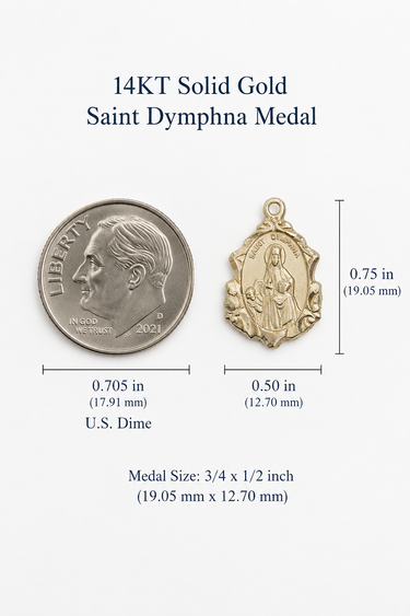 14KT Solid Gold Saint Dymphna Medal with size comparison to a U.S. dime on a white background