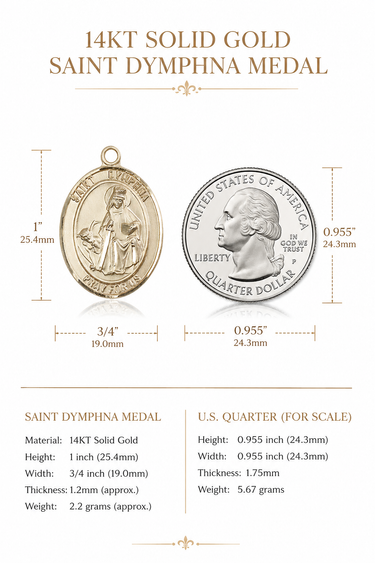 14K Solid Gold Saint Dymphna Oval Medal with U.S. Quarter for scale on a white background