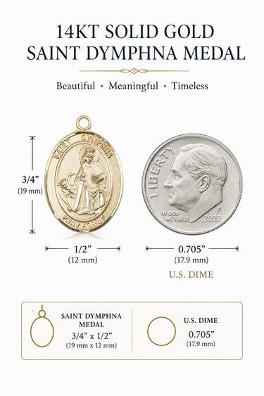 14KT Solid gold Saint Dymphna medal with size comparison to a U.S. dime on a white background