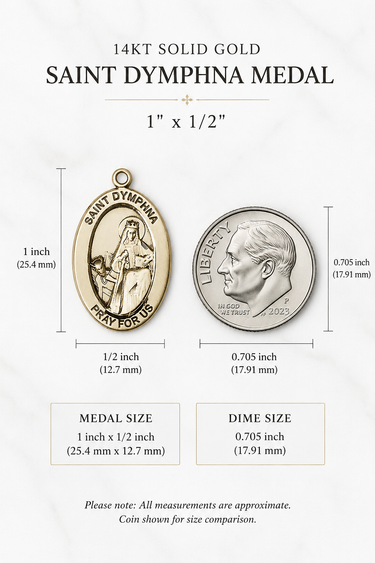 14KT Solid Gold Saint Dymphna medal with measurements and size comparison to a dime on a white background.