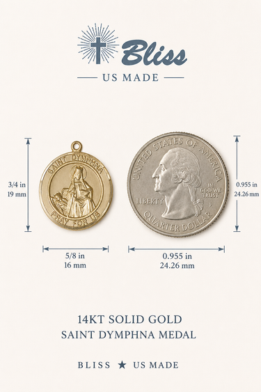 14kt solid gold Saint Dymphna medal with a quarter dollar coin, showing dimensions.