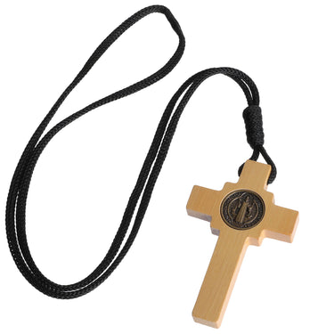 3 inch natural wood St Benedict crucifix necklace with black rope cord, handcrafted Catholic cross