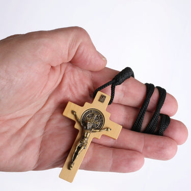 3 inch natural wood St Benedict crucifix necklace with black rope cord, handcrafted Catholic cross
