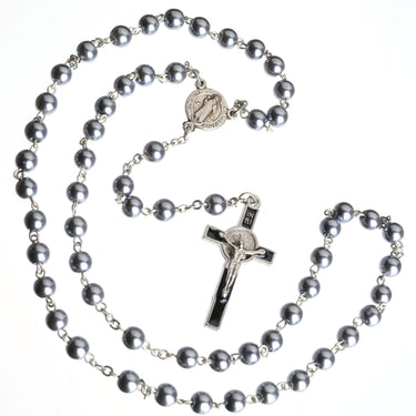 Hematite glass St. Benedict Catholic rosary with 7mm beads, 16 inch chain link, handcrafted in Poland