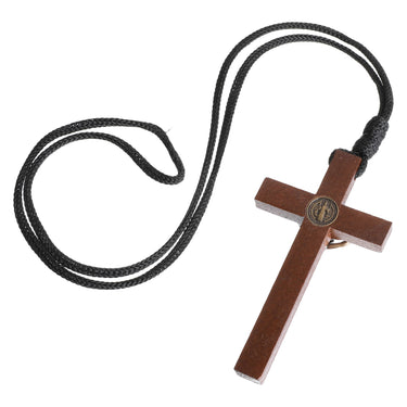3.5 inch brown wooden St. Benedict crucifix necklace with rope cord, Christ corpus and medal reverse