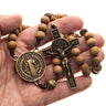 Large wooden St. Benedict Catholic rosary with natural wood beads, 20 inch corded design, handcrafted in Brazil