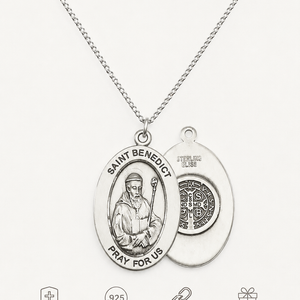 Sterling Silver Medium St. Benedict Patron Saint Medal Necklace | 1x1/2