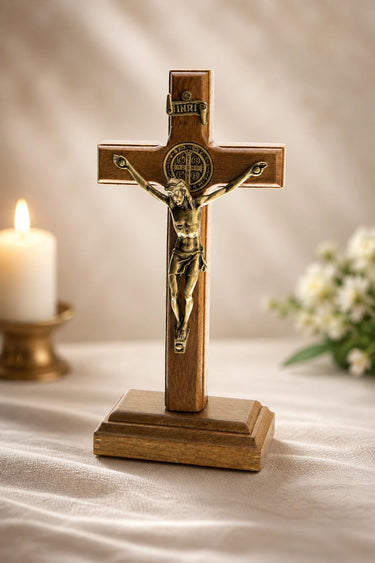 Wood 5.375" St Benedict Standing Table Crucifix | Brown | Handcrafted by RosaryCard