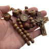Men's large St. Benedict brown wood rosary — full view of 10mm beads on cord with crucifix and medal