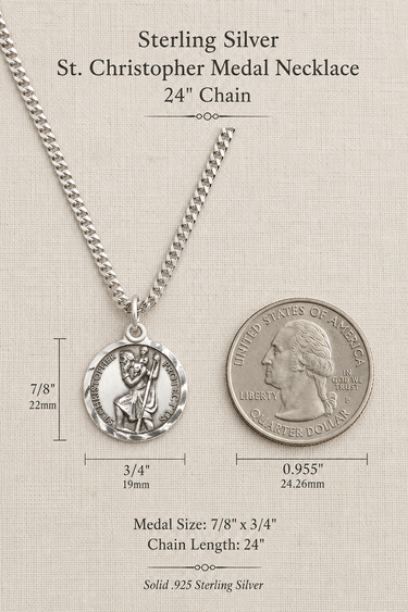 Collar de Plata de Ley con Medalla Mediana de San Cristóbal Patrón | 2,2 cm x 1,9 cm | Cadena de 61 cm | Hecho en EE. UU. por Bliss